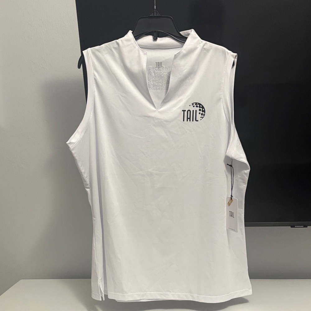 Tail White Sleeveless V-Neck Performance Golf Tank with Logo